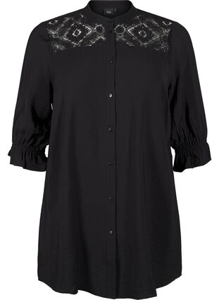 Zizzifashion Long viscose shirt with lace detail, Black, Packshot image number 0