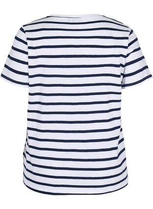 Zizzifashion Striped cotton t-shirt with v-neckline, White Navy B Stripe, Packshot image number 1