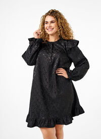 Jacquard dress with long sleeves and ruffle detail, Black, Model