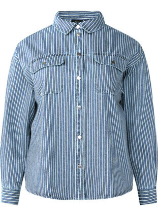 Zizzifashion Striped denim shirt with chest pockets, Light B.Denim Stripe, Packshot image number 0