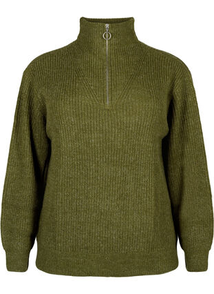 Zizzifashion FLASH - Knitted sweater with high neck and zipper, Dark Olive Mel., Packshot image number 0