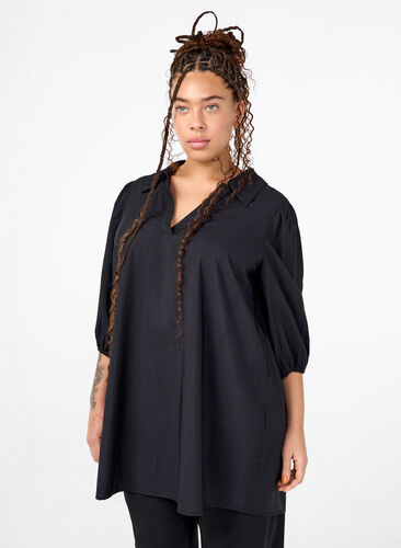 Zizzifashion Viscose tunic with V-neck and collar, Black, Model image number 0