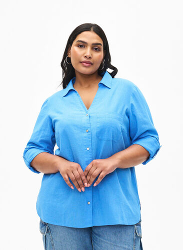 Zizzifashion Shirt blouse with button closure in cotton-linen blend, Marina, Model image number 0