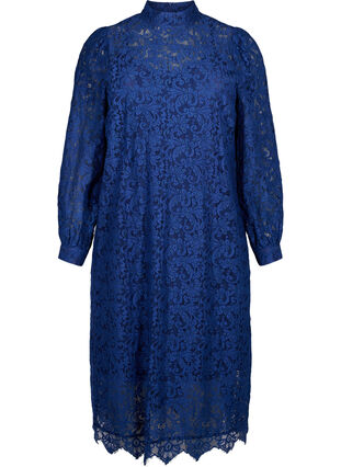 Zizzifashion Long-sleeved lace dress with high neck, Estate Blue, Packshot image number 0