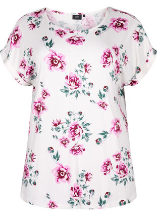 Zizzifashion Floral viscose blouse with short sleeves, White Pink AOP, Packshot image number 0