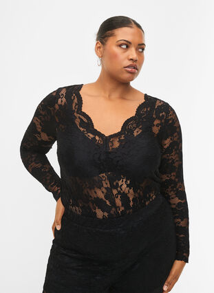 Zizzifashion Long sleeve lace blouse with V-neck, Black, Model image number 0