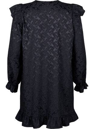 Zizzifashion Jacquard dress with long sleeves and ruffle detail, Black, Packshot image number 1