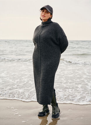 Zizzifashion Long oversized knitted dress with slit, Dark Grey Melange, Image image number 1