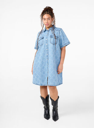 Zizzifashion Denim dress with destroy pattern and short sleeves, Blue Denim, Model image number 2