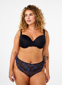 G-string with contrast-coloured lace, Black w Blue , Model