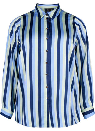 Zizzifashion Striped satin shirt with collar, Blue Stripe, Packshot image number 0