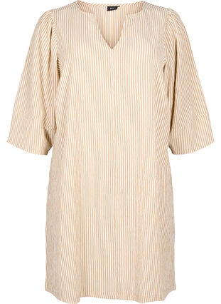 Zizzifashion Striped dress with 3/4 sleeves, Camel Stripe, Packshot image number 0