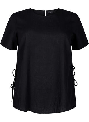 Zizzifashion Short-sleeved blouse in a cotton blend with linen and lace detail, Black, Packshot image number 0