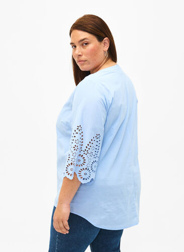 Zizzifashion Shirt blouse with broderie anglaise and 3/4 sleeves, Serenity, Model image number 1