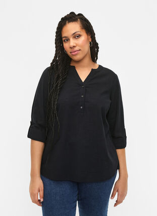 Zizzifashion Shirt blouse in cotton with a v-neck, Black, Model image number 0