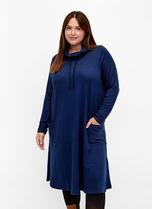 Zizzifashion Jersey dress with high neck and pockets, Dress Blues Mel., Model image number 0