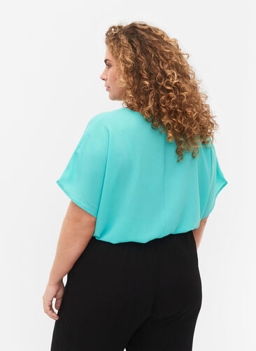 Zizzifashion Blouse with short sleeves and a round neckline, Turquoise, Model image number 1