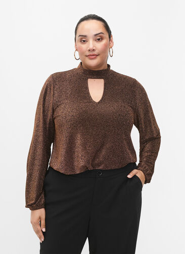 Zizzifashion Long-sleeved glitter blouse with round neck and V-detail, Black Copper, Model image number 0