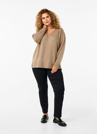 Zizzifashion Knitted blouse with V-neck, Desert Taupe Melange, Model image number 2