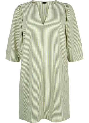 Zizzifashion Striped dress with 3/4 sleeves, Green Stripe, Packshot image number 0