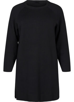 Zizzifashion Knitted dress with a round neck and slit, Black Solid, Packshot image number 0