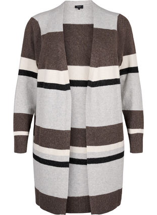 Zizzifashion Long knit cardigan with wide stripes, Light Grey Mel.Comb, Packshot image number 0