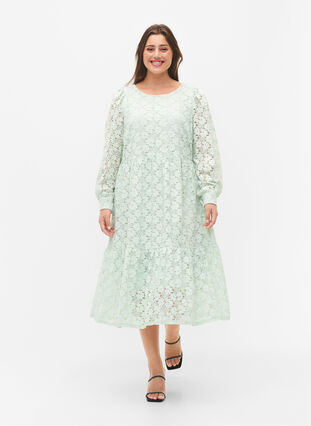 Zizzifashion Lace dress with long sleeves, Pastel Green , Model image number 0