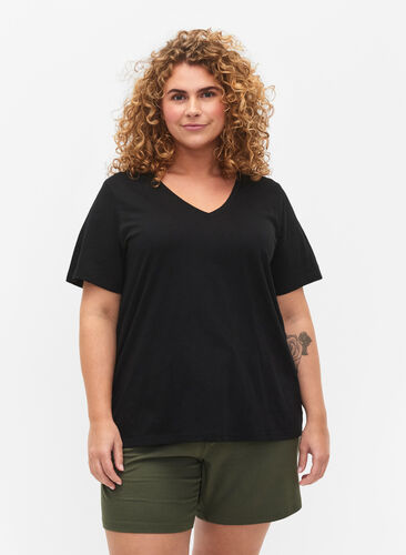 Zizzifashion Short-sleeved basic t-shirt with v-neck, Black, Model image number 0