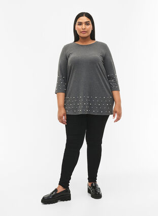 Zizzifashion Blouse with pearls and 3/4 sleeves, Dark Grey Melange, Model image number 2