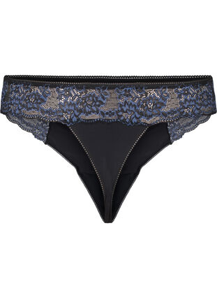 Zizzifashion Microfibre G-string with lace, Black w Blue, Packshot image number 1