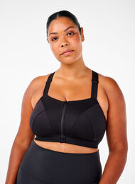 Sports bra with a front closure and high support, Black, Model