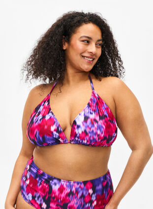 Zizzifashion Triangle bikini bra with print, Pink Flower AOP, Model image number 0