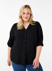 Viscose shirt blouse with 3/4 sleeves, Black, Model