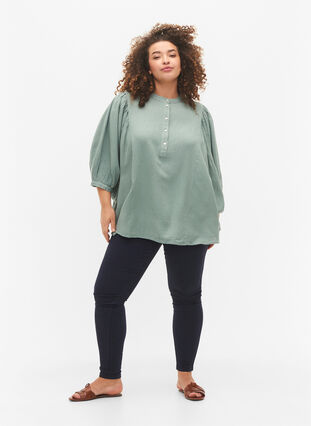 Zizzifashion Viscose-Linen Mix Shirt Blouse with 3/4 Sleeves, Chinois Green, Model image number 2