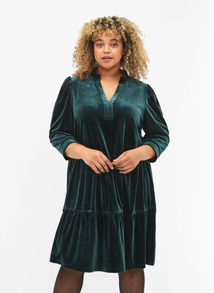 Zizzifashion Velour dress with ruffle collar and 3/4 sleeves, Scarab, Model image number 0