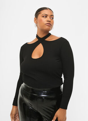 Zizzifashion Cut-out blouse with long sleeves, Black, Model image number 0