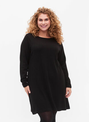 Zizzifashion Knitted dress in cotton-viscose blend, Black Mel., Model image number 0