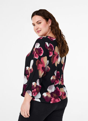 Zizzifashion Viscose blouse with print and smock, Black Pink FlowerAOP, Model image number 1