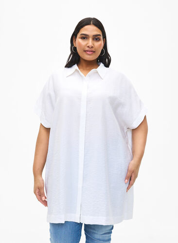 Zizzifashion Long viscose shirt with short sleeves, Bright White, Model image number 0