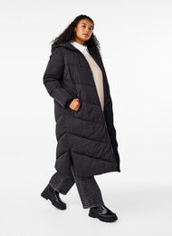 Long puffer coat with hood and pockets, Black, Model