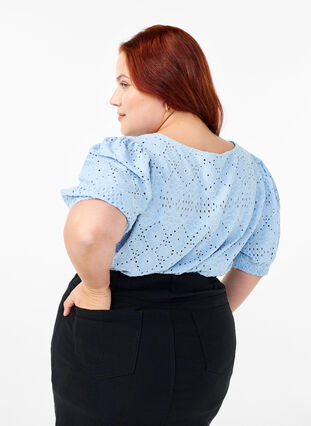 Zizzifashion Short-sleeved blouse with lace pattern, Cashmere Blue, Model image number 1