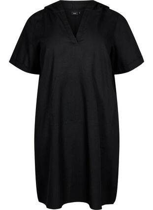 Zizzifashion Cotton blend hooded dress with linen, Black, Packshot image number 0