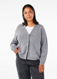 Knitted cardigan with a silver bow, Medium Grey Melange, Model