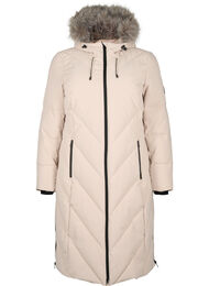 Long winter coat with hook fastenings and a faux fur collar, Simply Taupe, Packshot