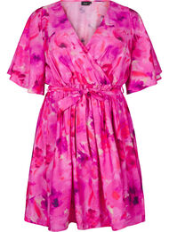 Knee-length dress with floral print and wrap look, Pink Rose AOP, Packshot