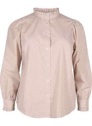 Zizzifashion Striped shirt blouse with ruffles, Silver Mink Stripe, Packshot image number 0