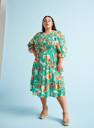 Zizzifashion Printed viscose dress with smock at the top, Arcadia AOP, Image image number 0