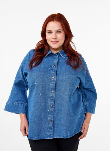 Zizzifashion Denim shirt with rhinestones and 3/4 sleeves, Bl. Denim Rhinestone, Model image number 0