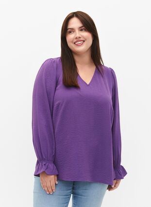 Zizzifashion V-neck blouse with long sleeves, Pansy, Model image number 0