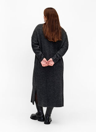 Zizzifashion Long oversized knitted dress with slit, Dark Grey Melange, Model image number 1